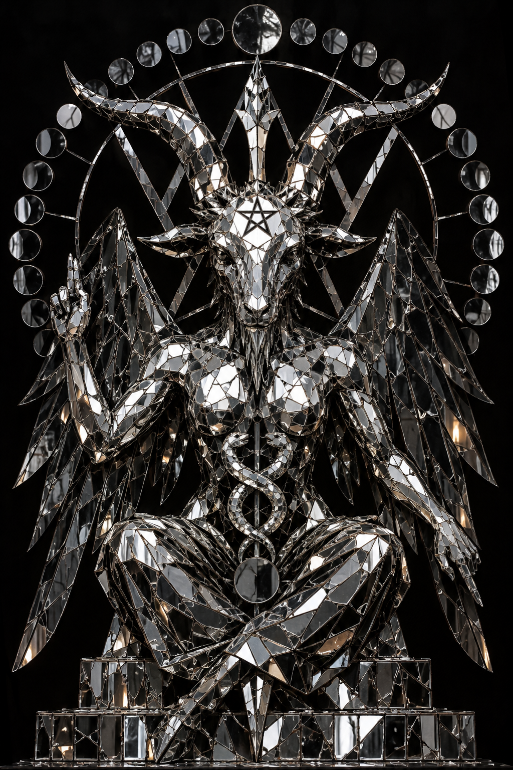 Baphomet formed entirely from broken mirrors, encircled by reflective moons