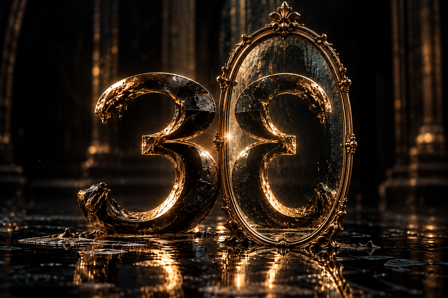 A cracked golden three faces its reflection in an ornate gold mirror, surrounded by darkness and golden reflections.