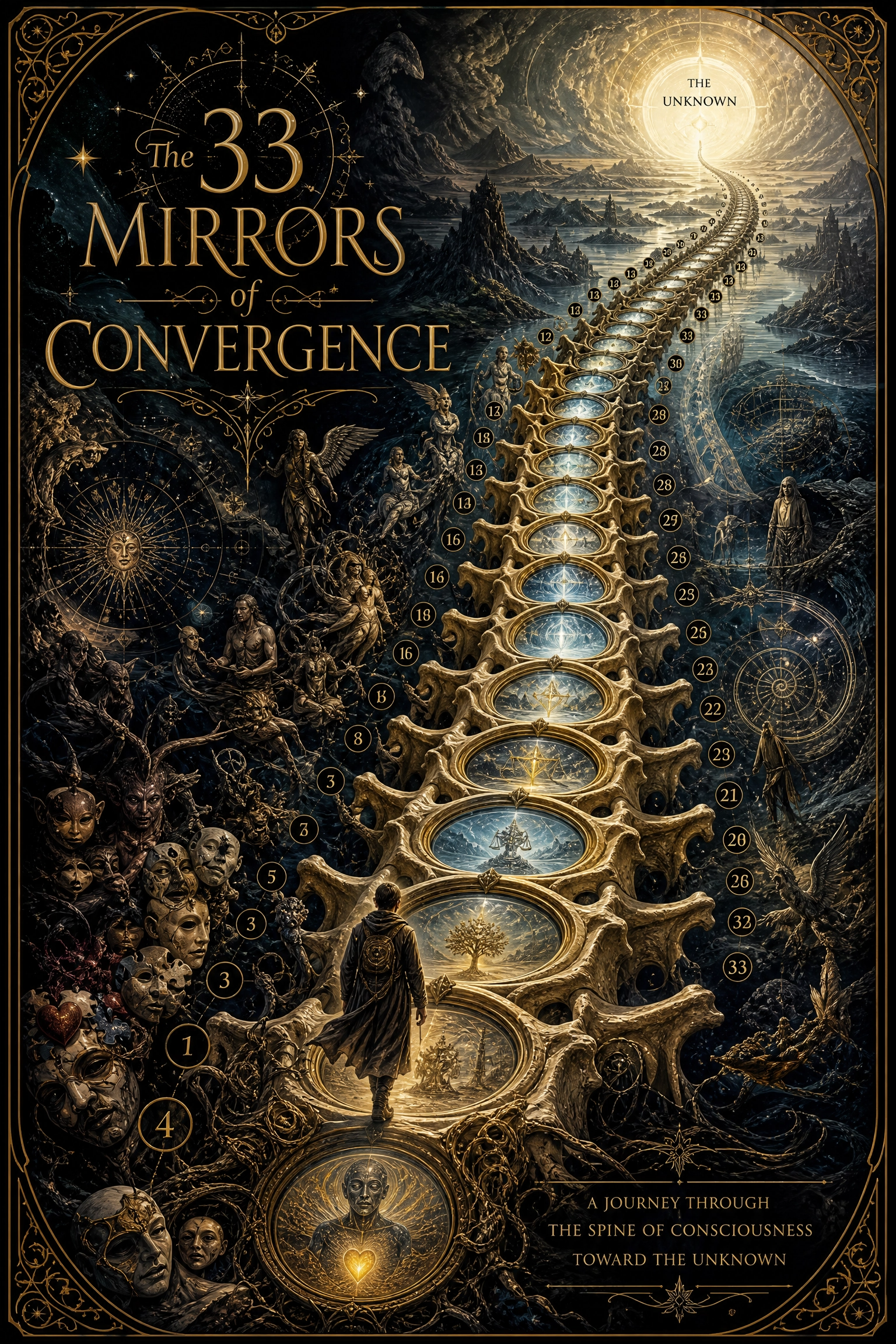 The 33 Mirrors of Convergence: a spine of reflective portals leading toward the Unknown