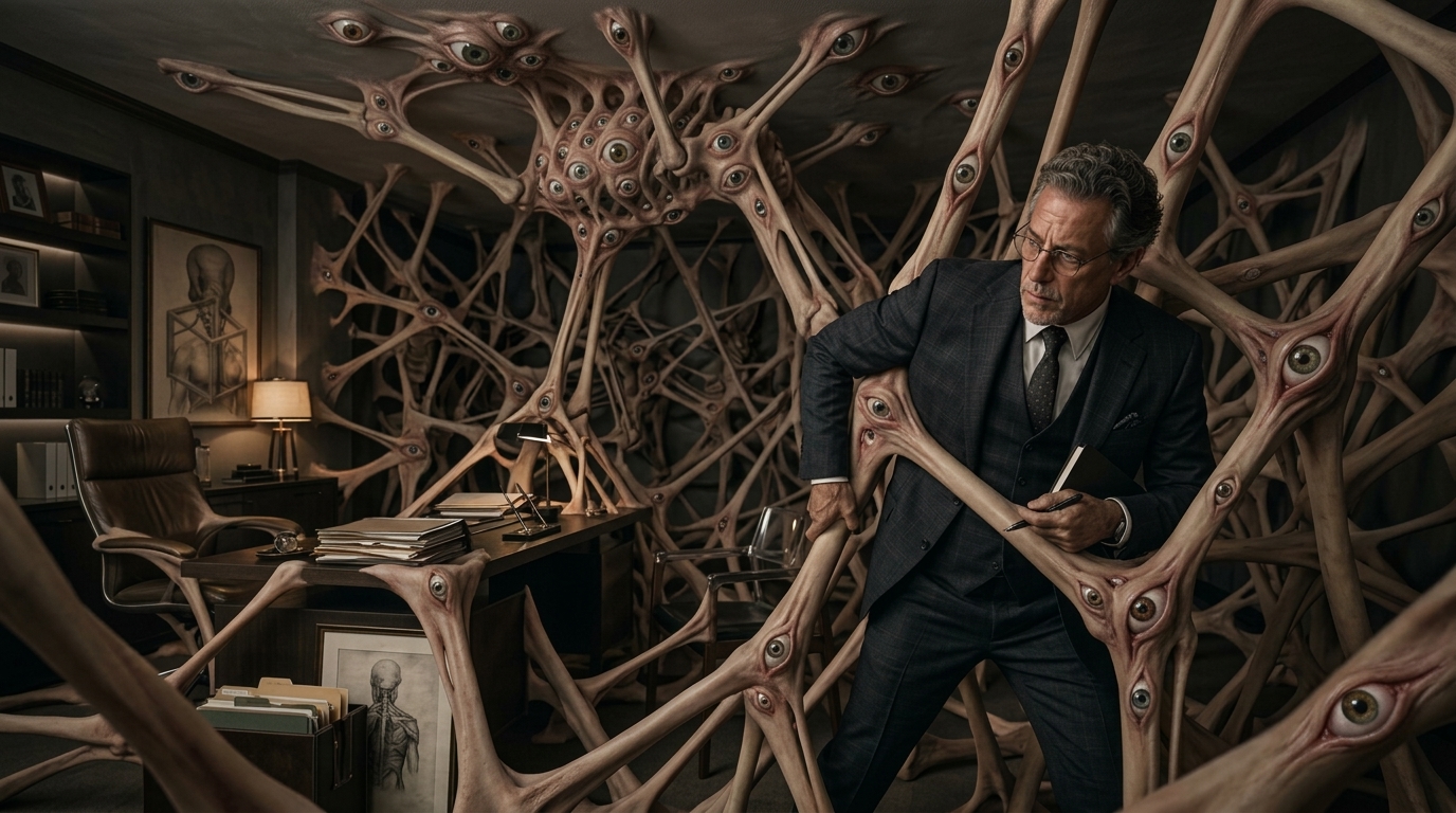 Dr. Arbo surrounded by the expanding anatomy of an extraordinary patient