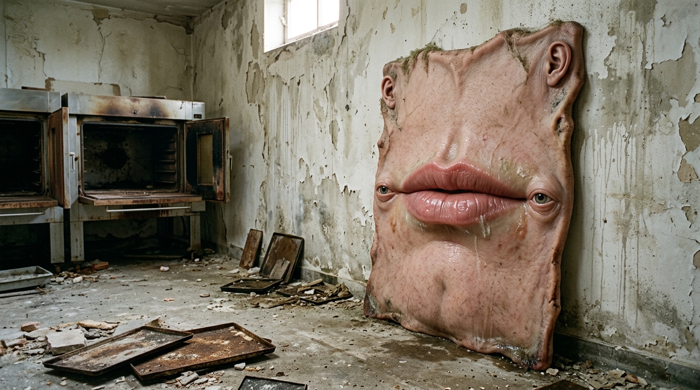 Surreal fleshy being embedded in the wall of an abandoned bakery
