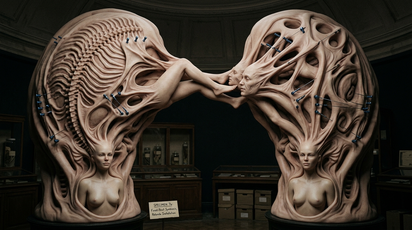 Two surreal flesh and bone structures connected inside a dark museum dome
