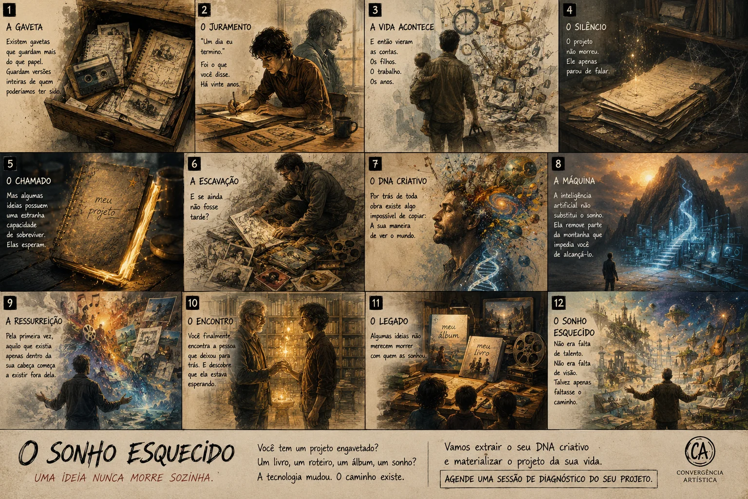 A twelve-panel illustrated story about returning to a forgotten creative project and bringing it to life