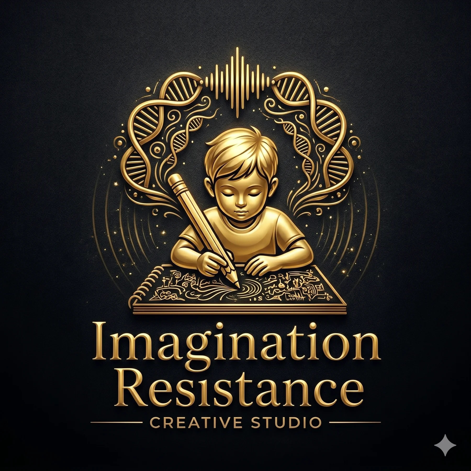 The golden Imagination Resistance creative studio emblem, showing a child surrounded by ornamental light