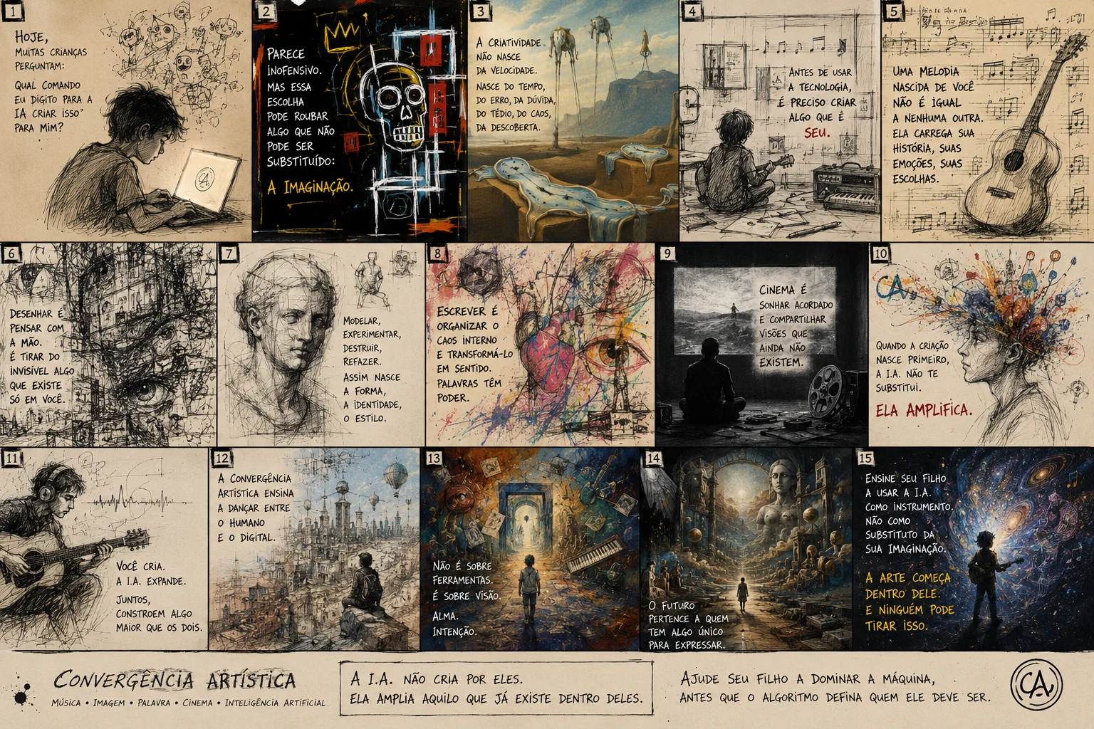 A fifteen-panel illustrated manifesto about protecting imagination and using artificial intelligence as an artistic instrument