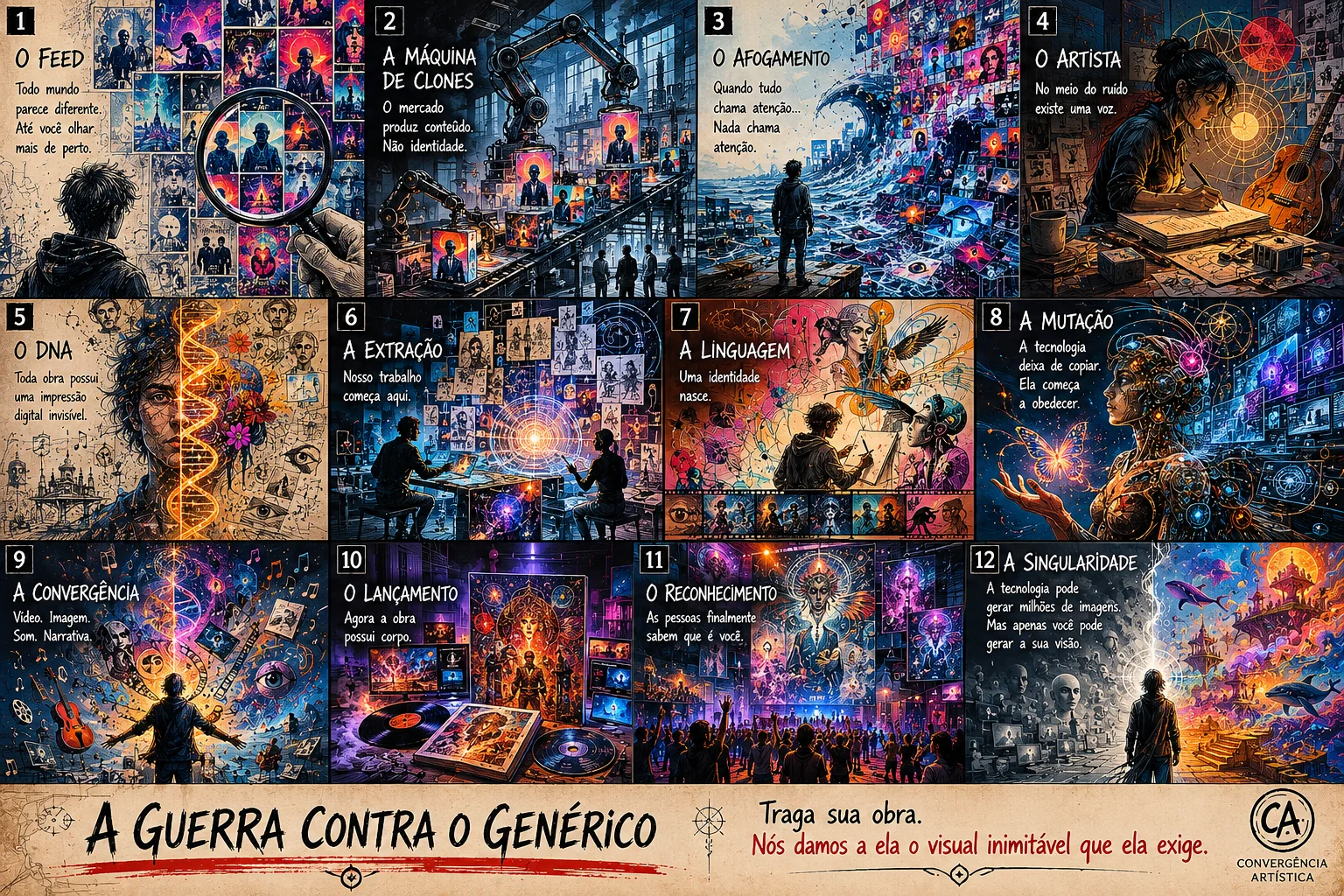A colorful twelve-panel illustrated manifesto about creative identity and the war against generic content