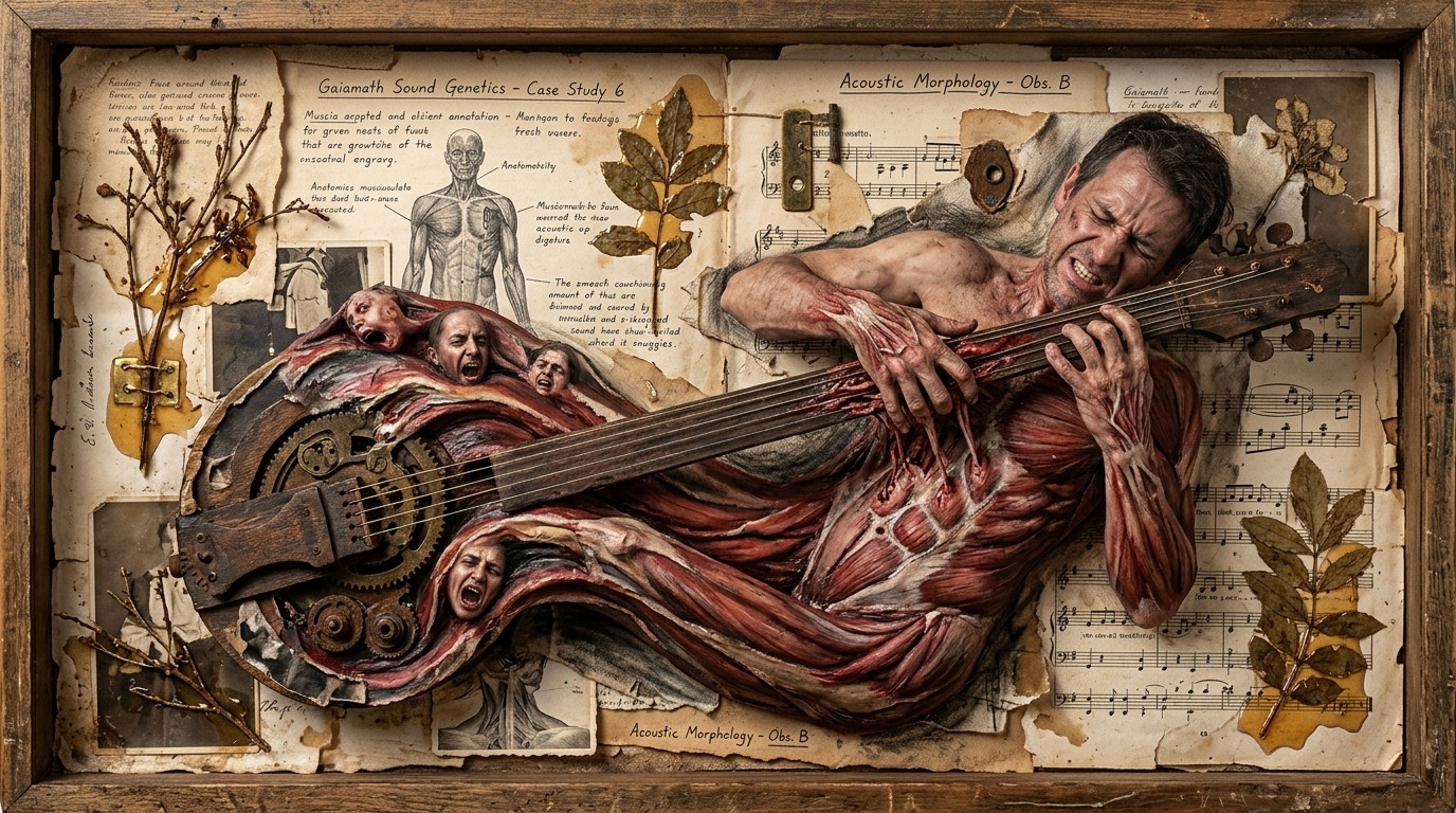 A musician absorbed into a biological musical instrument