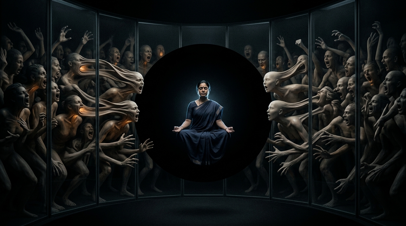 A meditating woman held in a silent dark circle while figures scream beyond glass