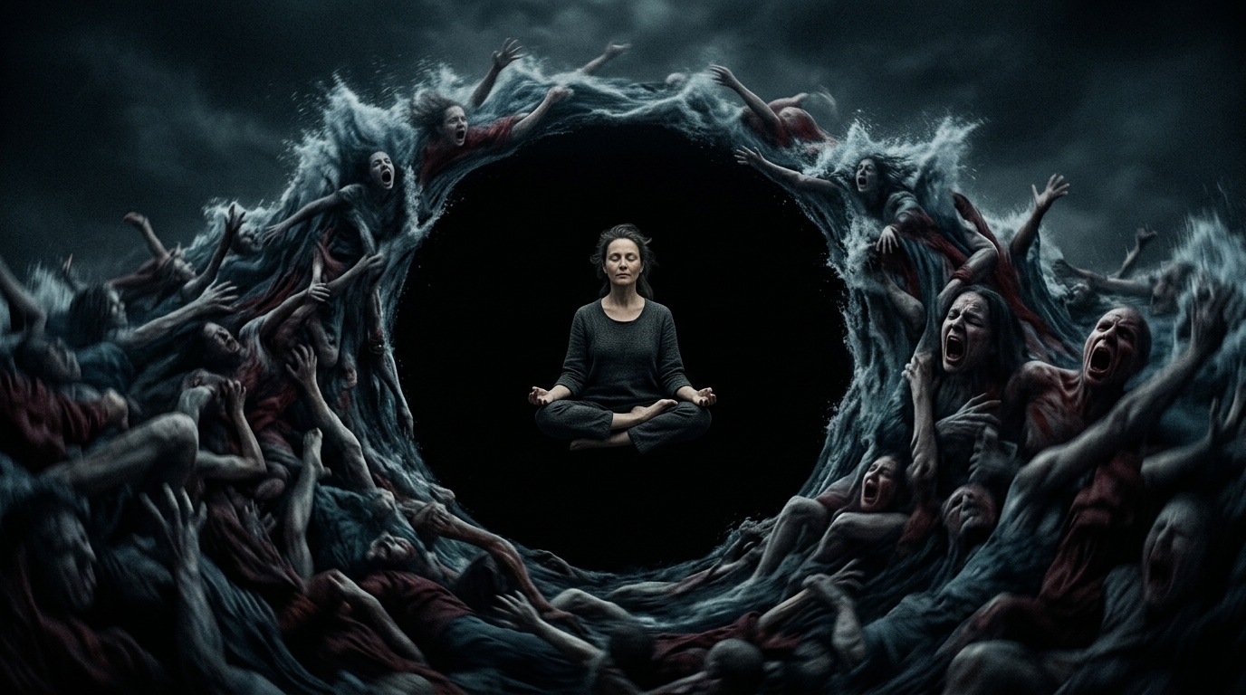A meditating woman inside a dark void surrounded by a wave of human figures